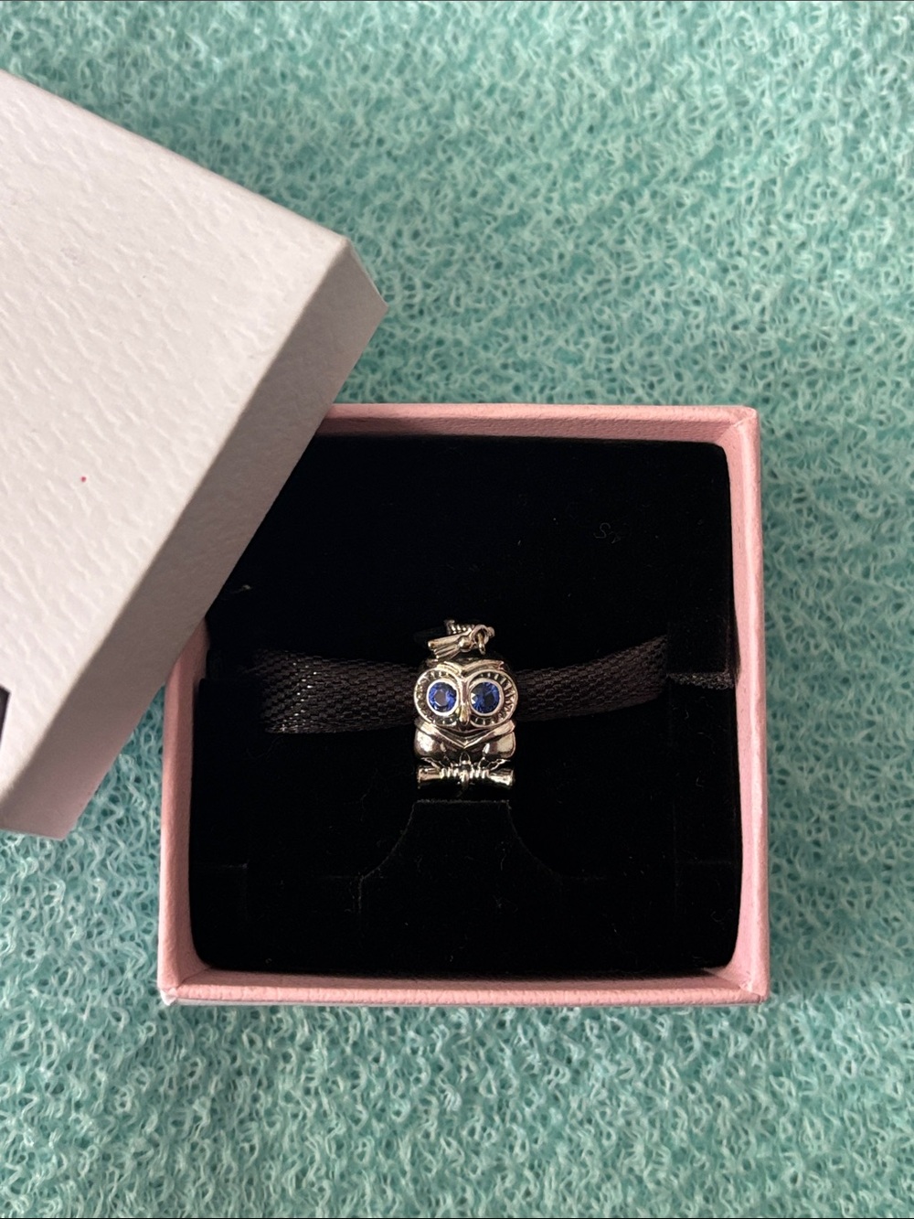 Pandora Silver Owl Charm with Blue Stones